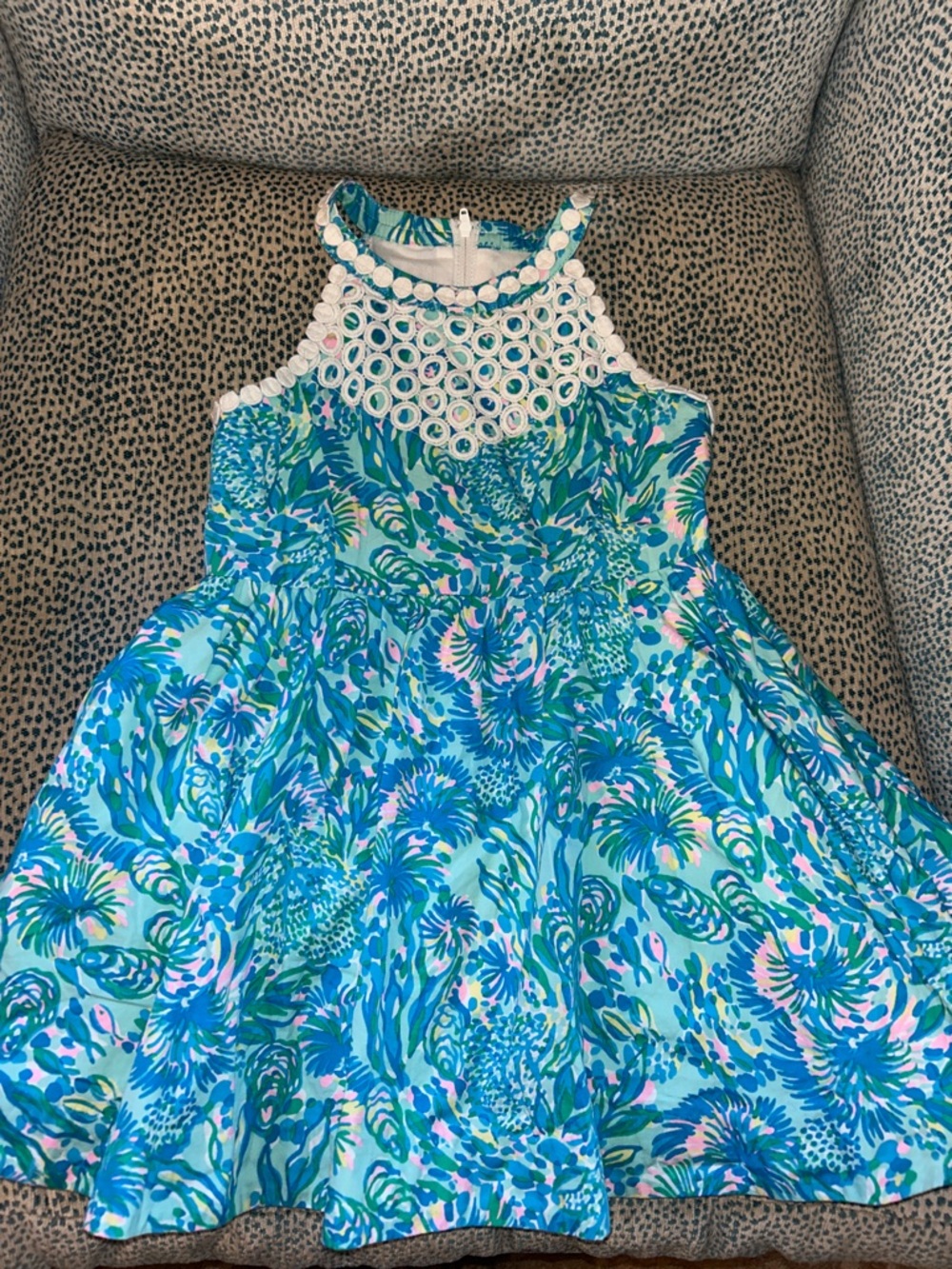 Lilly Pulitzer Girls' Blue & White Tropical Crochet Yoke Dress